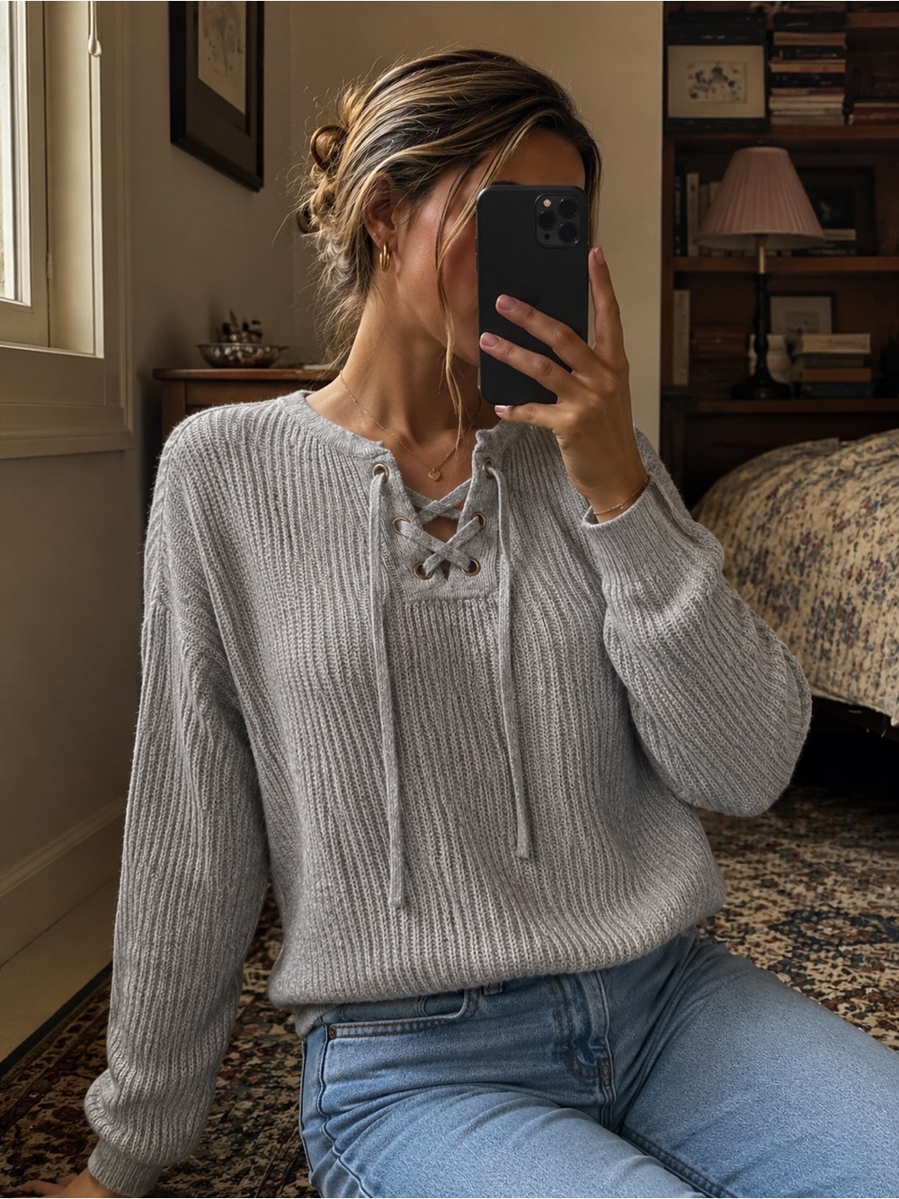 Old Navy Light Gray Cotton Lace-Up Ribbed V-Neck Sweater